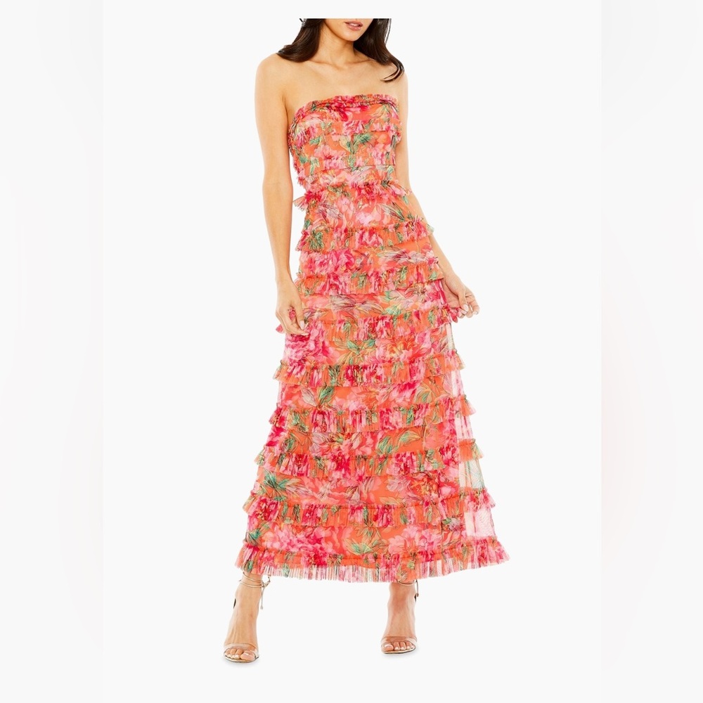 Mac Duggal Pink and Orange Strapless Tiered Gown